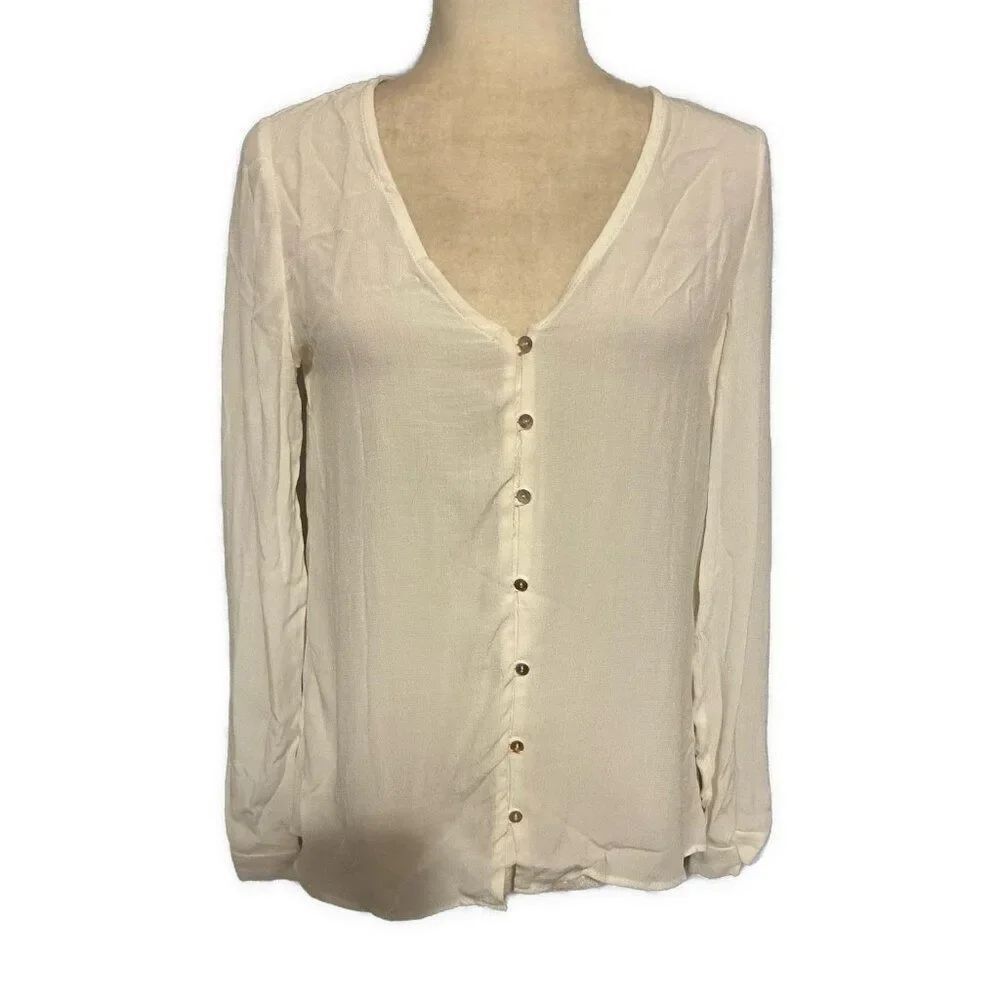 Womens Solid White Long Sleeve Sheer V Neck Blouse Top Small